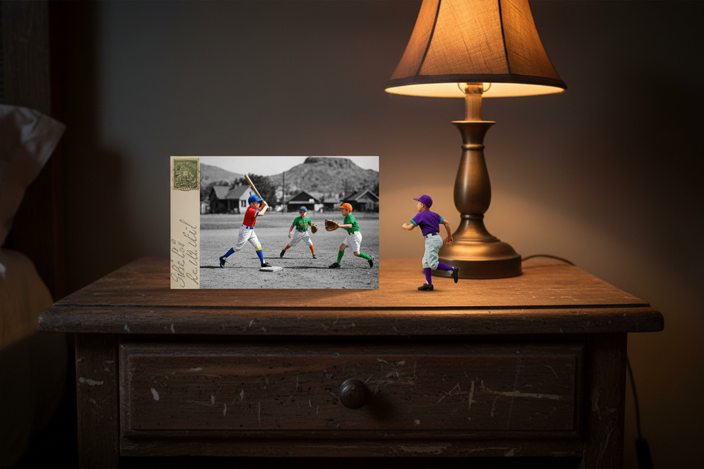 50s baseball kids postcard on nightstand