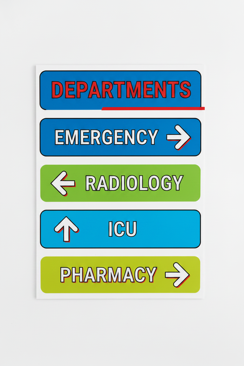 Colorful hospital directional PVC sign with red and black accents